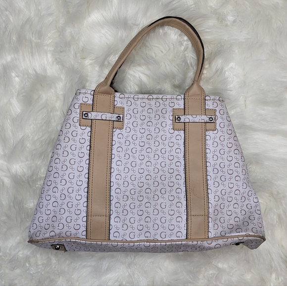 Like-New Guess Logo White Vegan Leather Shoulder Tote with Tan Handle and Trim - Picture 3 of 8